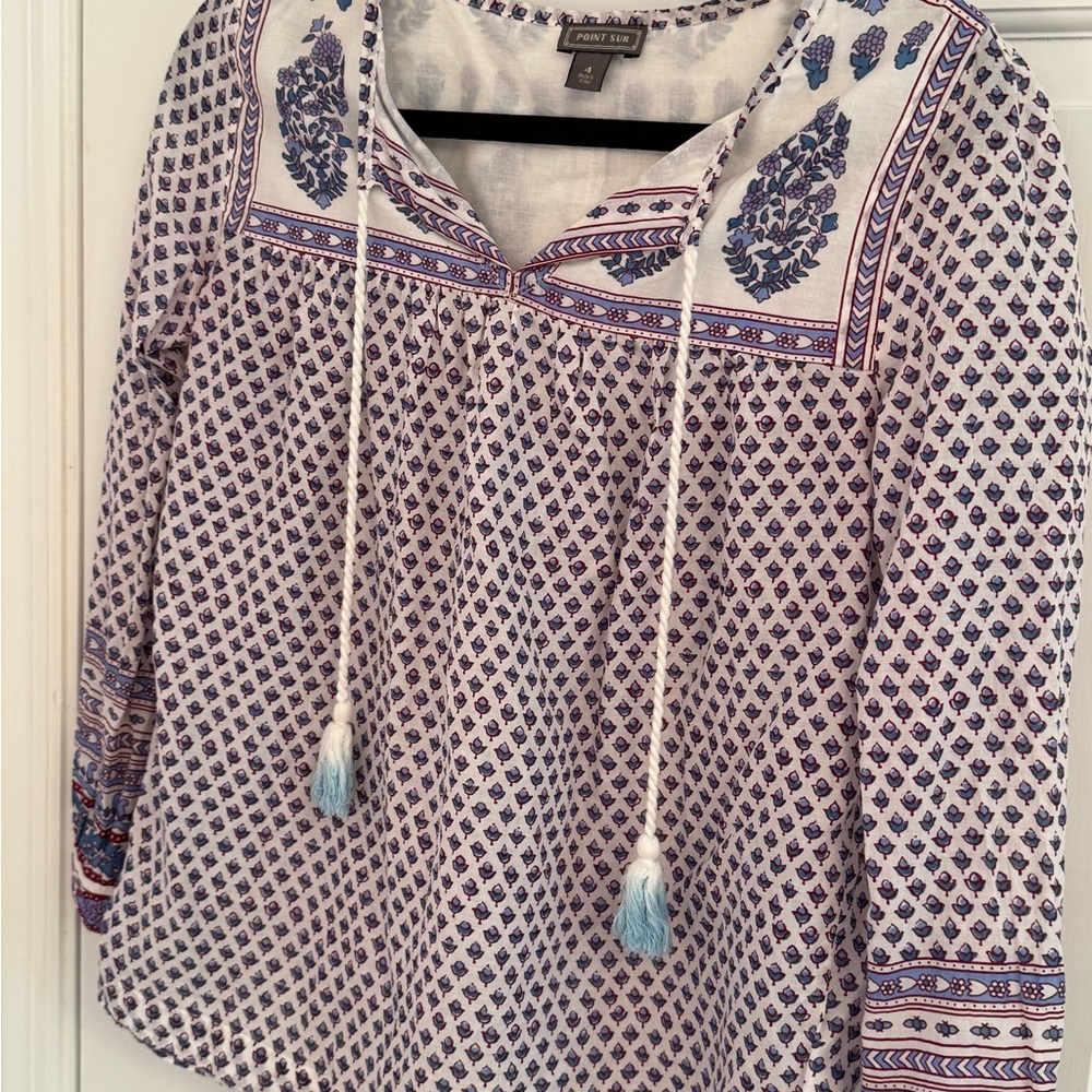 J. Crew Point Sur White and Blue Patterned Blouse